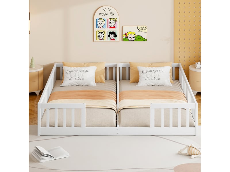  Lit enfant 2x90x200cm, sans sommier, lit bébé avec barrière de sécurité, lit simplex2, en bois+mdf blanc, sans matelas  - Conforama E