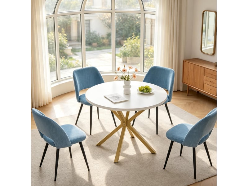  Lot de 4 chaises de salle à manger en velours côtelé bleu avec pieds en métal noir  - Conforama D