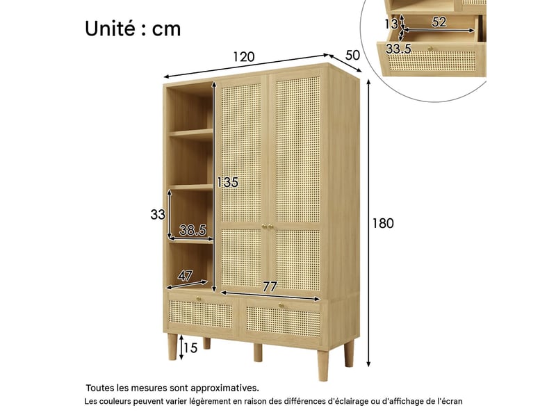  Armoire penderie 2 portes rotin 2 tiroirs coloris chêne 120 x 50 x 180 cm AB30713567A - Conforama C