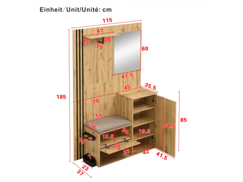  Penderie d'entrée compacte avec miroir, coussin à bordure noire, porte-parapluies et rangement chaussures – 115×185×37 cm  - Conforama C