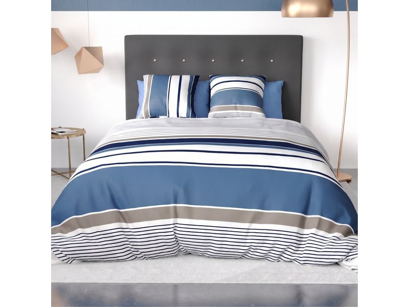  Parure housse de couette 260x240cm + 2 taies motif rayé bleu et blanc 100% coton - beliazy BELIAZY - Conforama A