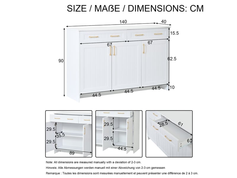  Buffet avec 2 tiroirs et 3 portes 140x40x90 cm, meuble de salle à manger, mdf blanc  - Conforama C