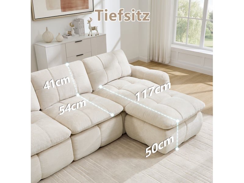  Canapé d'angle modulaire 3 places sans cadre avec ottomane et assise ergonomique, mousse 32d, en chenille beige  - Conforama E