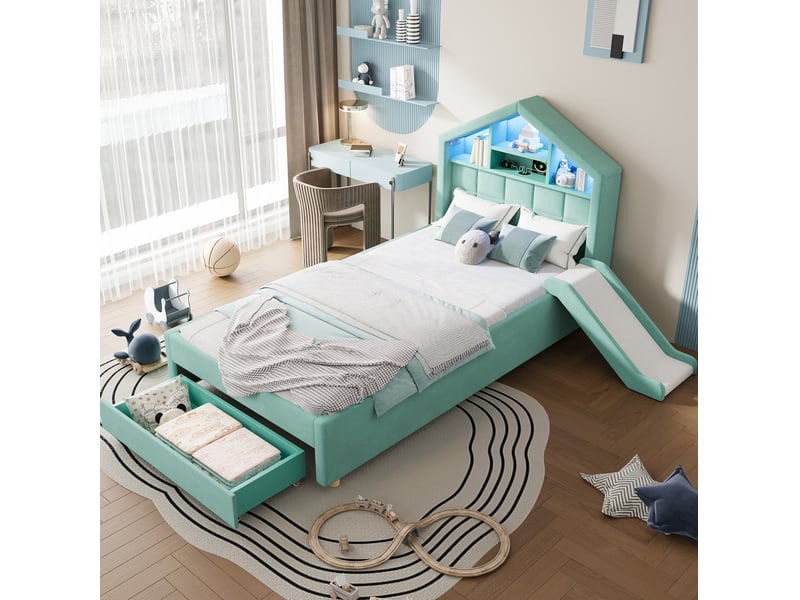 Lit cabane enfant 90x200 cm en velours bleu-vert avec toboggan, tiroir et led - Conforama E