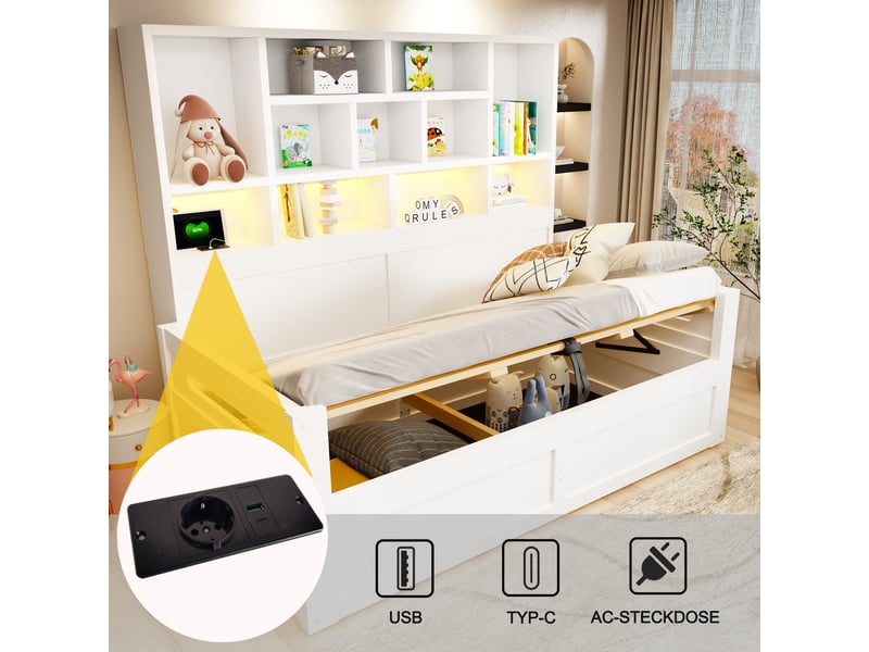 Lit coffre 90x200 cm - lit 1 personne avec rangement - tête de lit avec étagères - led et prises - blanc - Conforama E