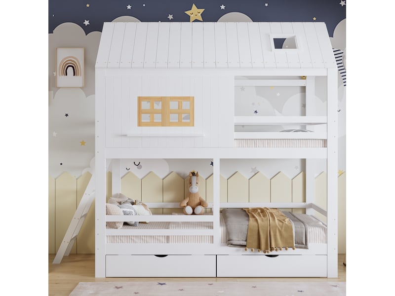  Lit superposé maison 90x200 cm, lit enfant avec toit, fenêtres, tiroirs et échelle, mdf, blanc et naturel, sans matelas  - Conforama D