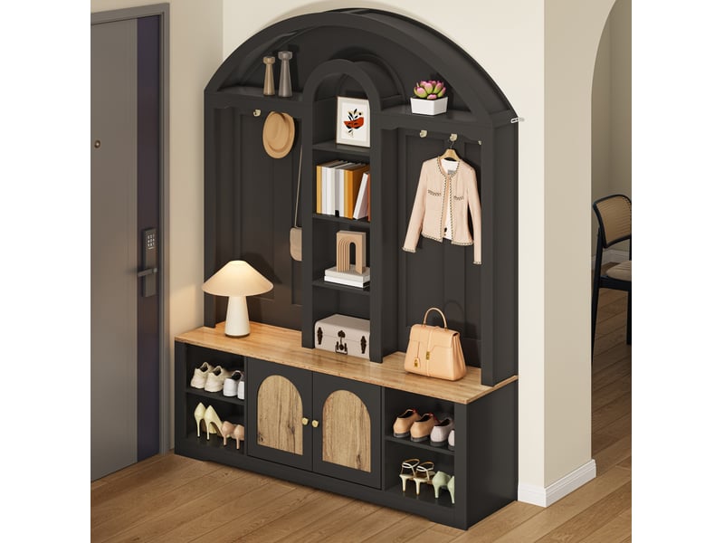 Vestiaire 150x40x195 cm, mdf, crochets, éclairage led, style moderne, espace de rangement à chaussures, grande capacité de espace de rangement, noir  - Conforama D