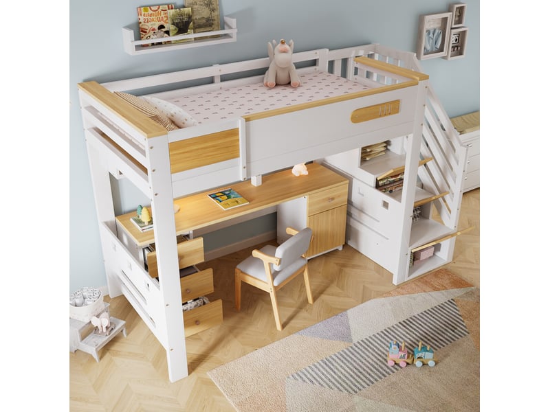  Lit mezzanine enfant 90x200 cm blanc et bois avec bureau, tiroirs et rangements  - Conforama D