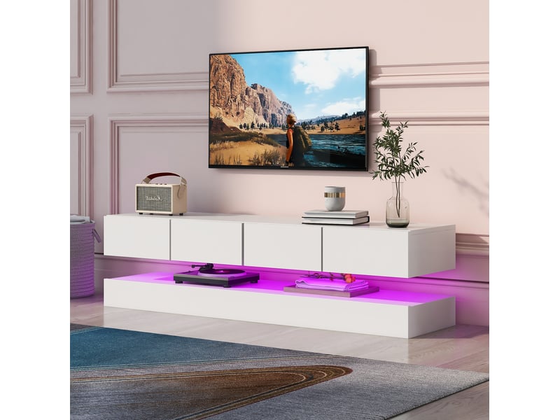  Meuble tv mural led 130 x 33 cm, 4 tiroirs, pour téléviseur jusqu’à 55 pouces, blanc  - Conforama B