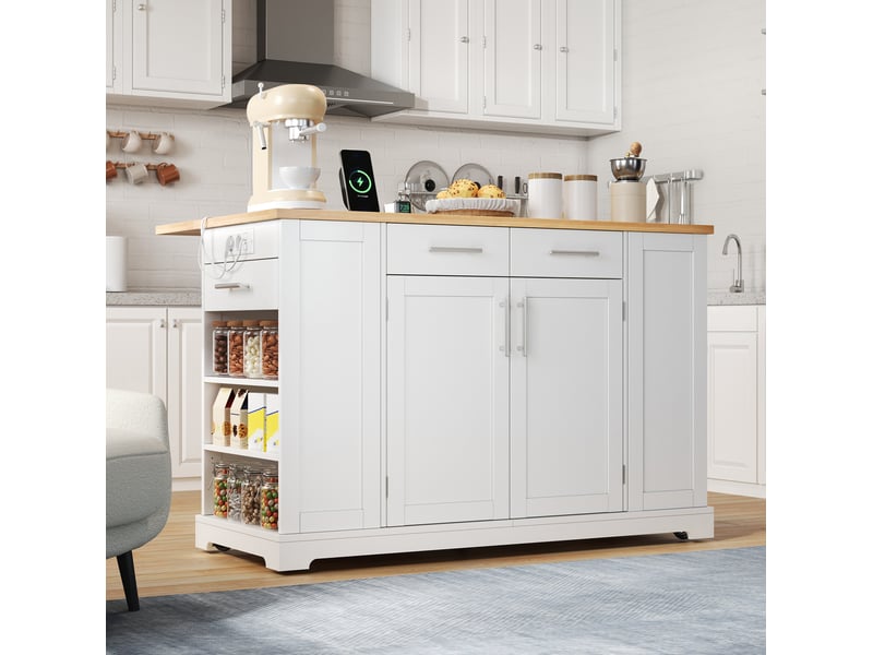 Desserte de cuisine mobile avec plateau rabattable, étagères réglables, prise et espace poubelle, 138 × 86 × 92 cm - Conforama C