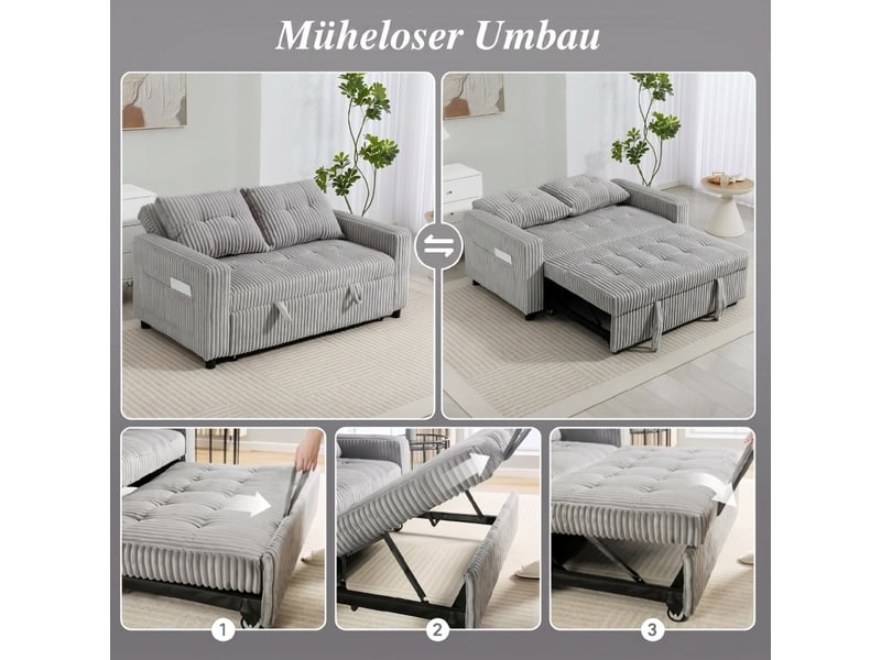  Canapé convertible 2 places 3 en 1 avec dossier réglable et poches latérales en velours côtelé gris clair  - Conforama E