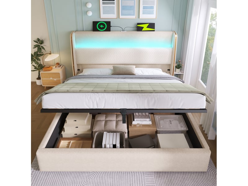  Lit coffre hydraulique 160x200 cm avec matelas, led, usb et type-c, beige  - Conforama E