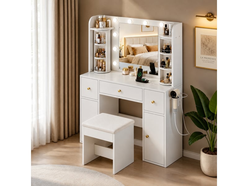  Coiffeuse blanche en panneaux de particules avec miroir, éclairage led réglable, 3 tiroirs et 2 placards. Dimensions : 115 x 40 x 142 cm.  - Conforama B