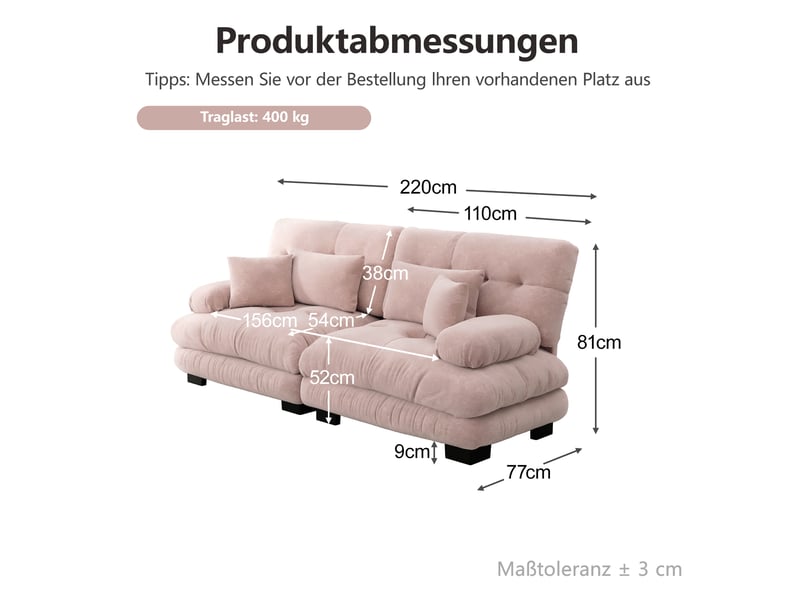  Canapé 2 places modenvie modulable en chenille rose 220 x 77 x 81 cm  - Conforama C