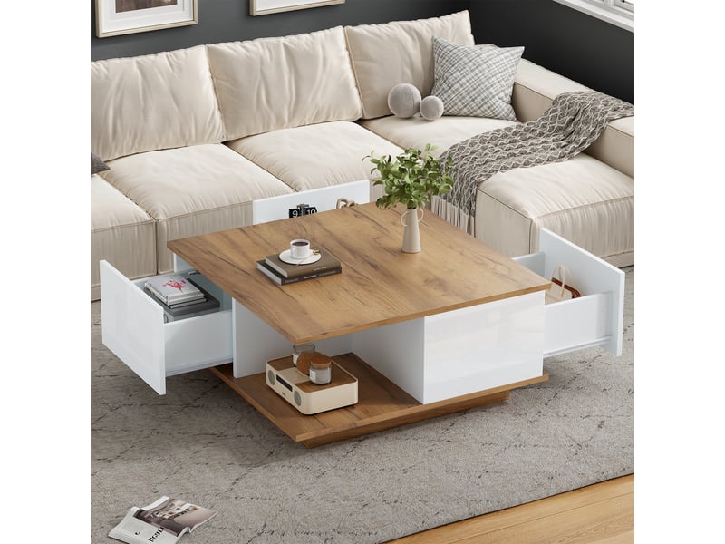  Table basse carrée 70x70 cm, table de salon avec 3 tiroirs et rangement semi-ouvert, design moderne en bois et blanc.  - Conforama B