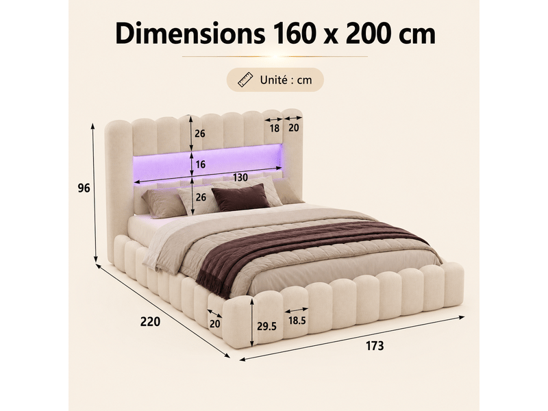 Lit coffre 160x200cm avec rangement et sommier à lattes - lit bubble 2 personnes - cadre de lit - lit rembourré lit double hydraulique avec éclairage led port usb rangement et sommier à latte - tissu en lin - chambre adulteado … - Conforama E