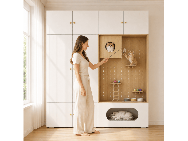  Armoire multifonction avec penderie, 6 espaces de rangement et espace pour félins, 180 × 50 × 200 cm  - Conforama E