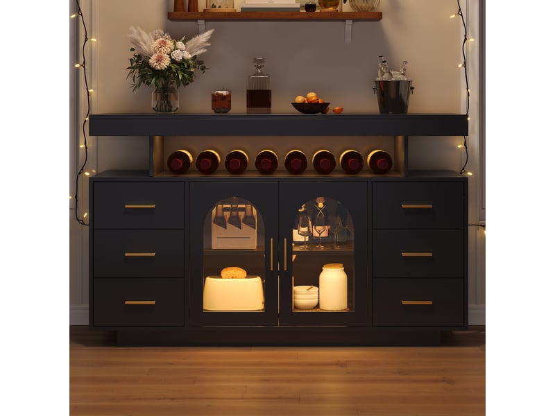  Meuble bar avec led rgb 140 cm, buffet cave à vin avec 6 tiroirs et 2 portes vitrées, armoire de rangement pour cuisine et salle à manger - noir  - Conforama D