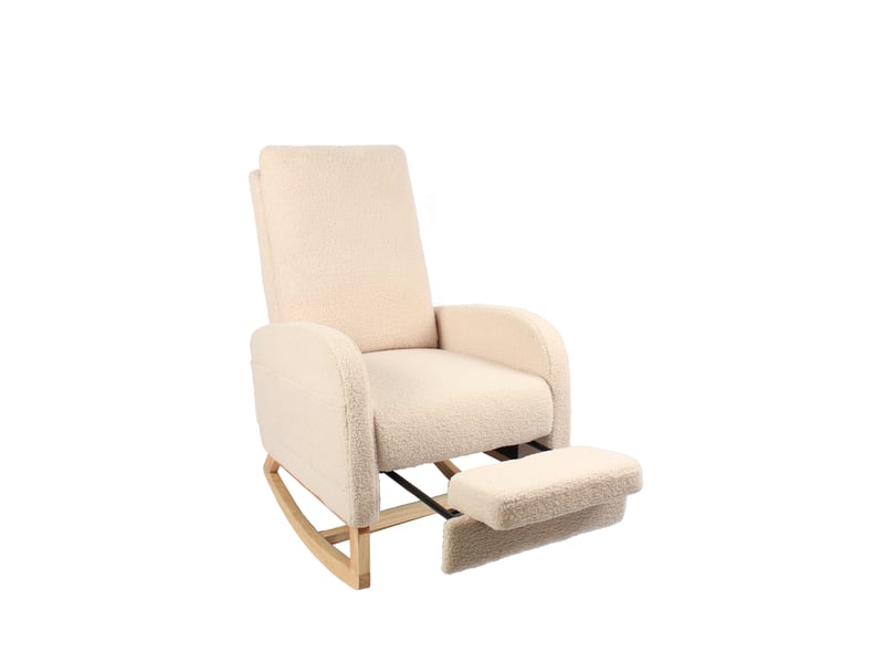  Fauteuil à bascule d'allaitement avec repose-pieds, dossier haut et poche latérale en tissu peluche beige  - Conforama A