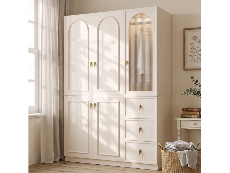  Armoire 135x48x200 cm avec led, 3 tiroirs et 5 portes, 3 espaces penderie, blanche  - Conforama B