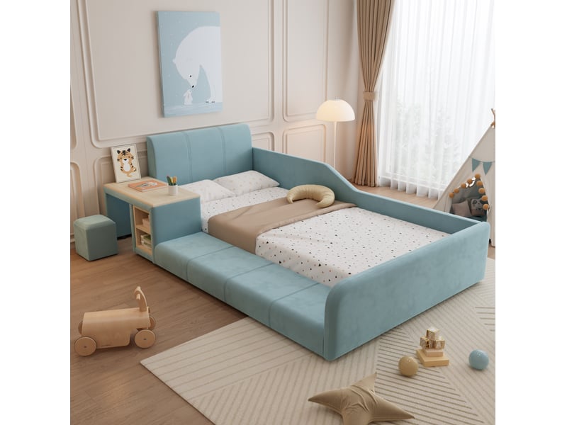  Modenvie lit enfant 90x200 cm - avec bureau latéral, tabouret et rangements - sans matelas - bleu  - Conforama D