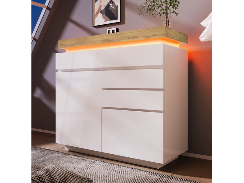  Buffet haut blanc brillant avec led, 2 portes et 3 tiroirs, 110x39x115 cm  - Conforama D