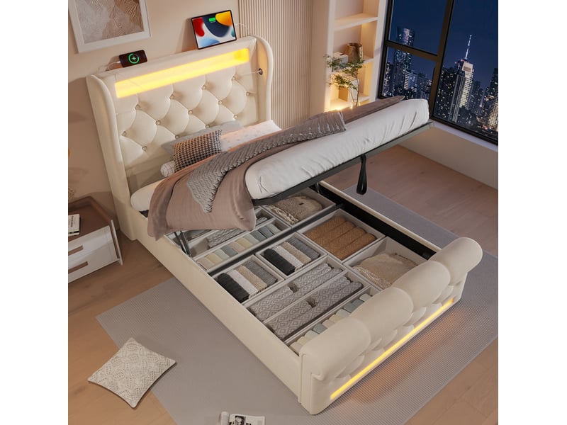  Modenvie lit coffre 90x200 cm - led, ports usb-c et rangement intégré, sans matelas - beige  - Conforama E