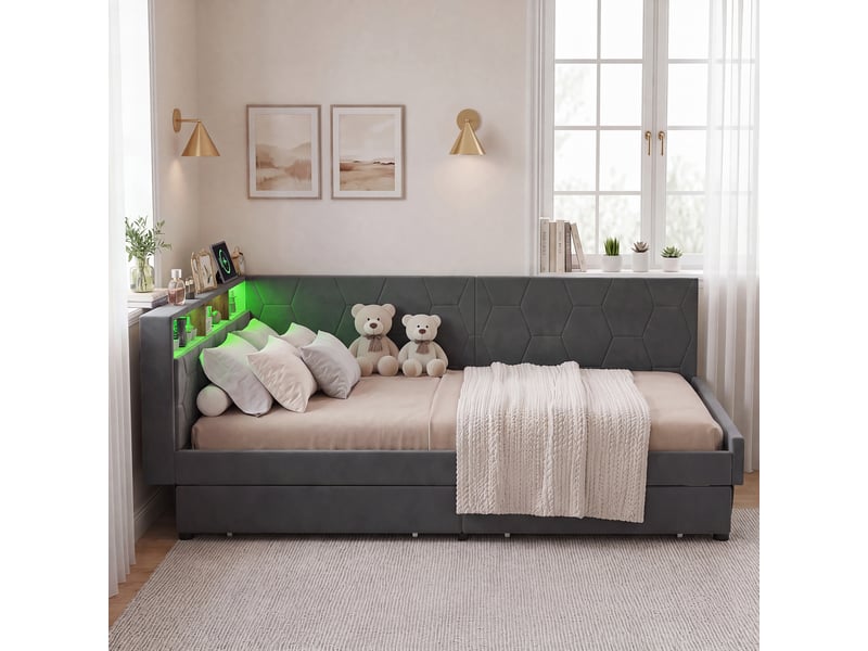 Lit banquette 140x200 cm avec led rgb et usb chargeur, canapé-lit rembourré avec rangement et tête de lit capitonnée lit ado avec tiroirs et cadre de lit à lattes gris velours, sans matelas - Conforama W