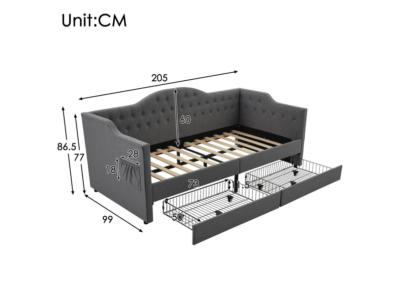  Canapé lit 90x190cm, lit adult lit 1 place avec 2 tiroirs de rangement et sommier, velours gris, sans matelas  - Conforama D