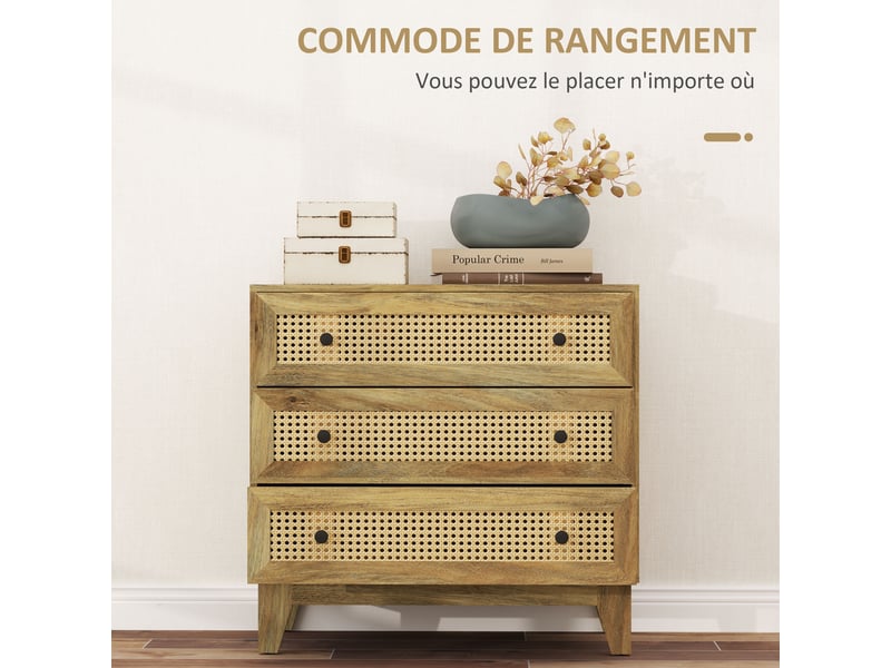  Commode 3 tiroirs meuble de rangement cannage en rotin 80 x 35 x 76 cm aspect bois clair  - Conforama A