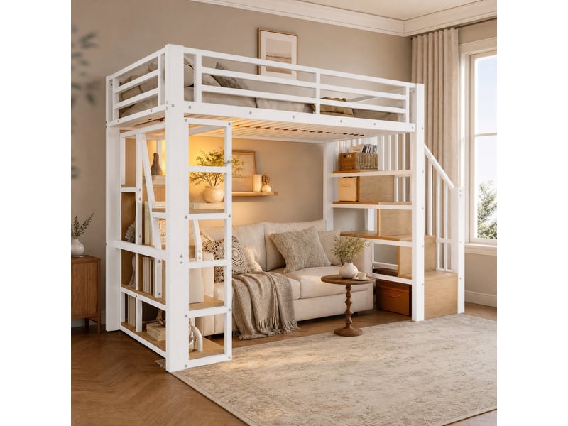  Lit mezzanine enfant 90 x 200 cm en métal et mdf blanc avec led et rangements  - Conforama D