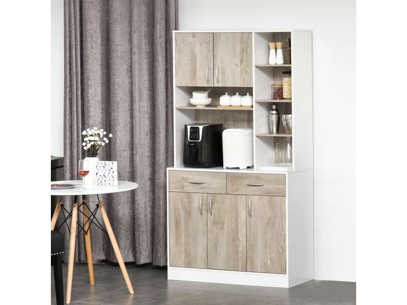 Buffet de cuisine, portes de tiroirs et compartiments ouverts, 100 cm (l) x 39 cm (p) x 181,5 cm (h), blanc et bois  - Conforama D