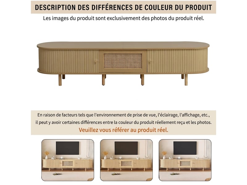 Meuble tv bois clair 180 cm avec portes coulissantes, finition effet rotin, pour tv jusqu'à 75 pouces - Conforama D
