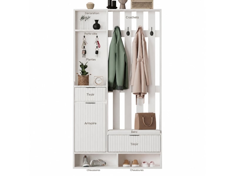  Vestiaire d’entrée 6 en 1 avec banc, porte-manteau 8 crochets, rangement 100 x 30 x 180 cm, blanc  - Conforama A