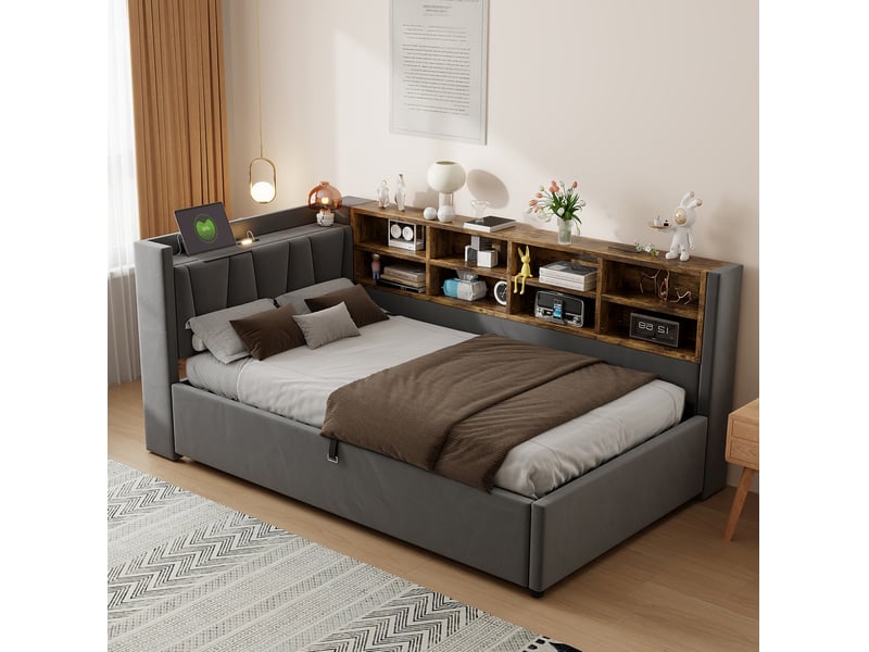  Lit coffre simple 90x200 cm avec veilleuse usb et type-c, gris foncé, sans matelas  - Conforama W