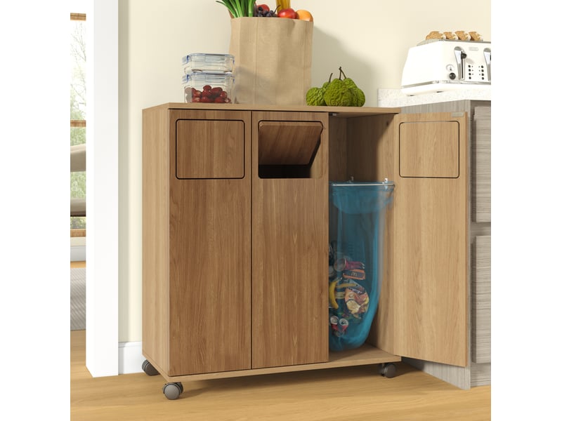 Armoire de tri des déchets modenvie 3 compartiments sur roulettes aspect chêne mdf naturel 69,3 x 35 x 80,3 cm - Conforama D