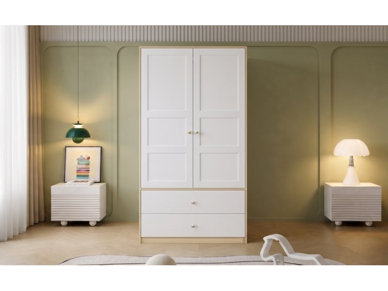  Armoire 100 x 48 x 180 cm, 2 portes avec 2 tiroirs et penderie, blanc et décor bois  - Conforama D
