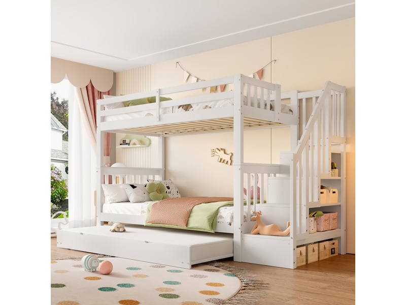  Lit superposé 90 x 200 cm avec lit gigogne, escalier à rangements et garde-corps hauts, certifié en 747-1, blanc  - Conforama E