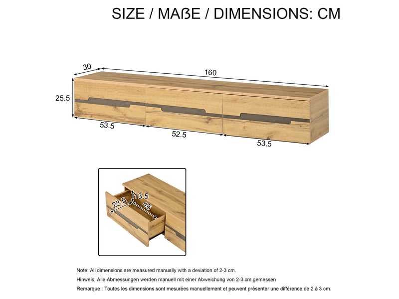  Meuble tv mural avec 3 tiroirs 160x30x25,5 cm coloris bois naturel  - Conforama C