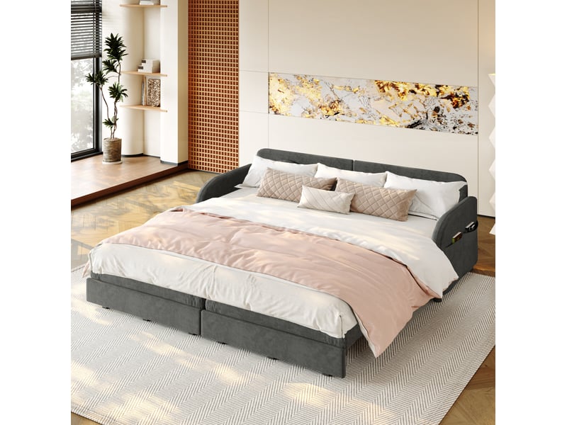  Canapé-lit convertible 3 places 205x84 cm – gris – coulissant 3-en-1, poches latérales et coussins  - Conforama E
