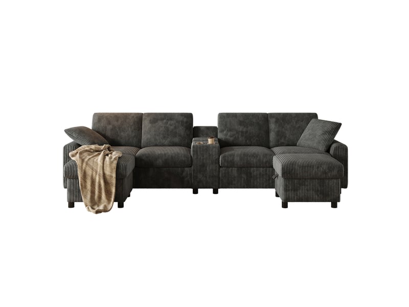  Canapé u 315x135 cm, avec 2 poufs de rangement, ports de charge usb et prises, table centrale, finition velours côtelé gris  - Conforama A