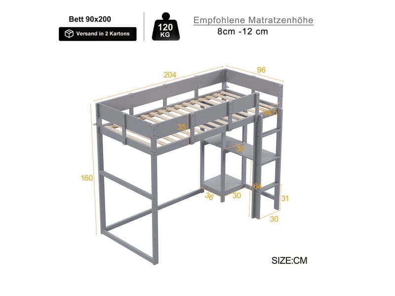  Lit mezzanine 90x200cm avec étagères de rangement - lit 1 place - bois massif gris, barrières sécurité, gain de place chambre enfant  - Conforama C