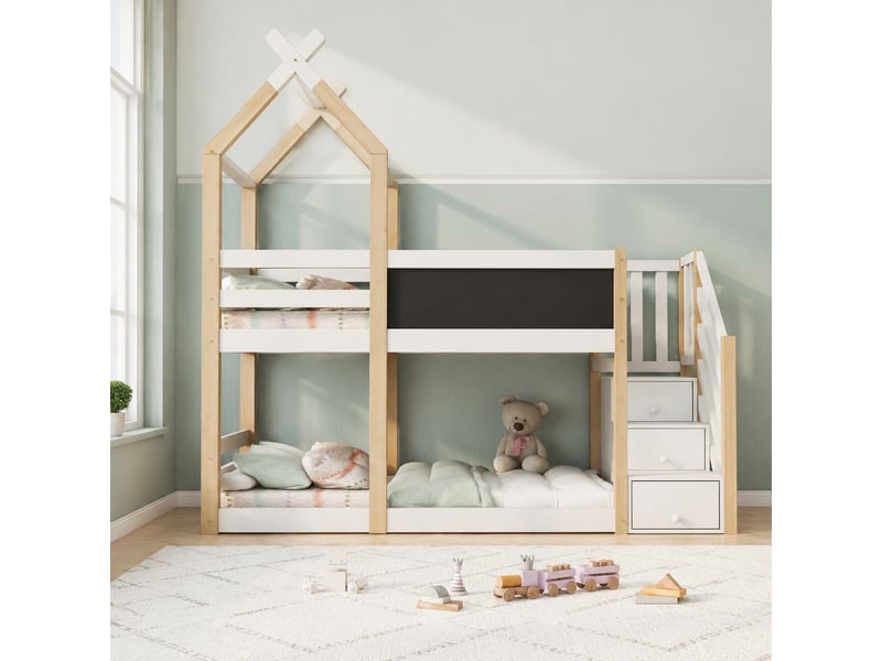  Lit superposé enfant cabane 2x90x200 cm avec rangement, blanc et bois  - Conforama C