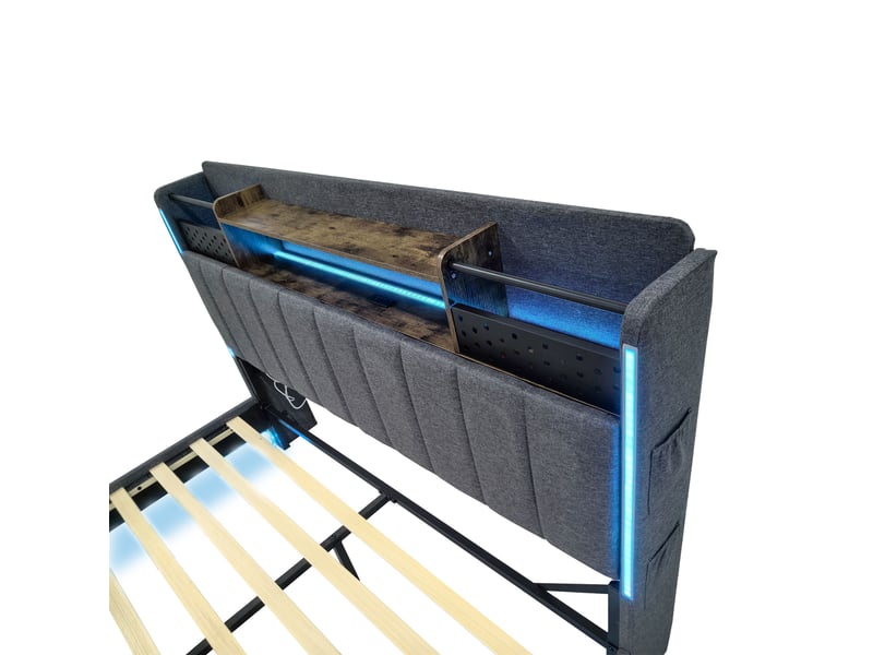  Lit double 160 × 200 cm en lin gris, tête de lit avec rangement, led, usb et effet flottant Fay Lum - Conforama E