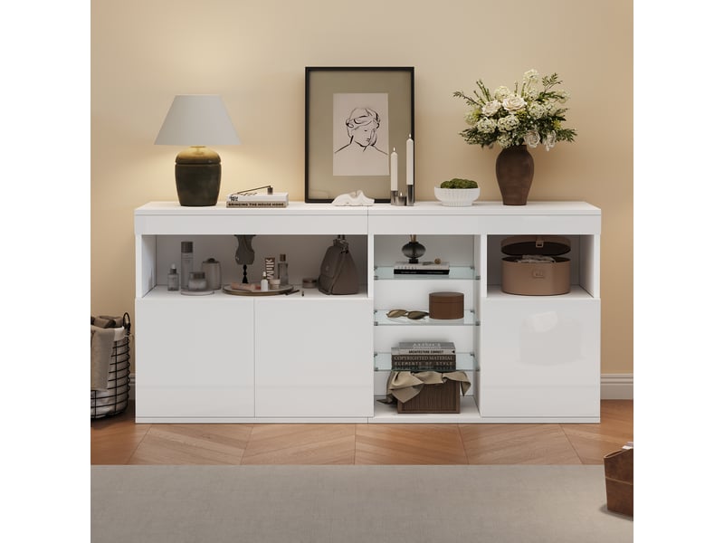 Buffet salon blanc laqué 155 cm avec éclairage led, meuble de rangement 3 portes et étagères en verre - Conforama E