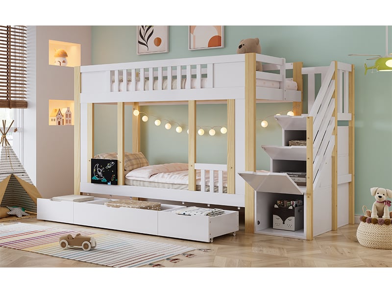  Lit superposé enfant 90 x 200 cm avec escalier de rangement et 3 tiroirs sur roulettes, tableau à craie et garde-corps, bois, blanc Morn Vibe - Conforama B