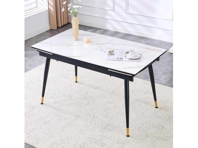  Table repas extensible, table à manger moderne, 140-200 cm, plateau blanc effet marbre, métal noir, détails dorés  - Conforama R