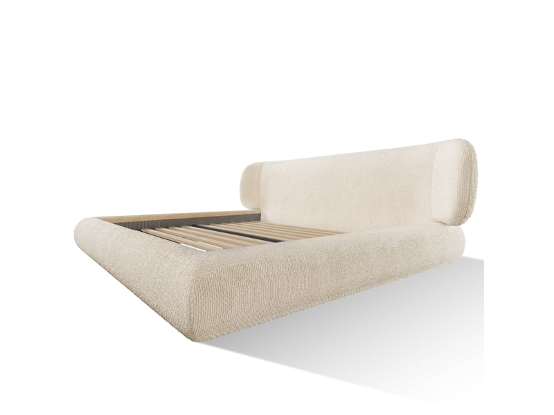  Lit double rembourré 180x200 cm avec sommier à lattes, lit adulte en chenille beige, sans matelas  - Conforama R