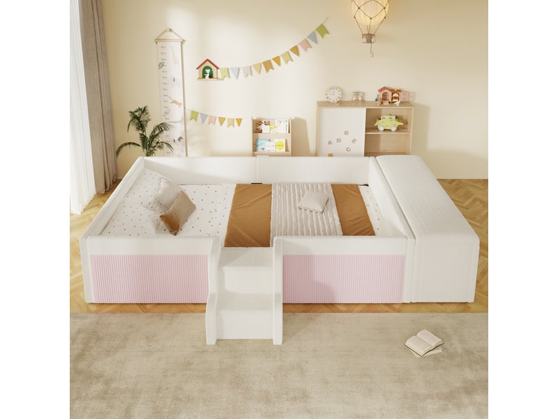  Lit enfant rembourré 140x190 cm en velours avec petit escalier d’accès sécurisé et banquette de rangement intégrée, pour chambre d’enfant - blanc  - Conforama E