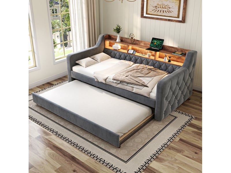  Lit gigogne enfant 90x190 cm, avec led, rangement, port usb-c, gain de place, sommier, velours gris foncé, sans matelas  - Conforama B